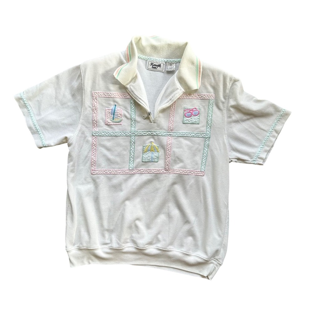 Vintage Keneth too! Women White Beach Embroidered Quarter‎ Zip Polo Top Small